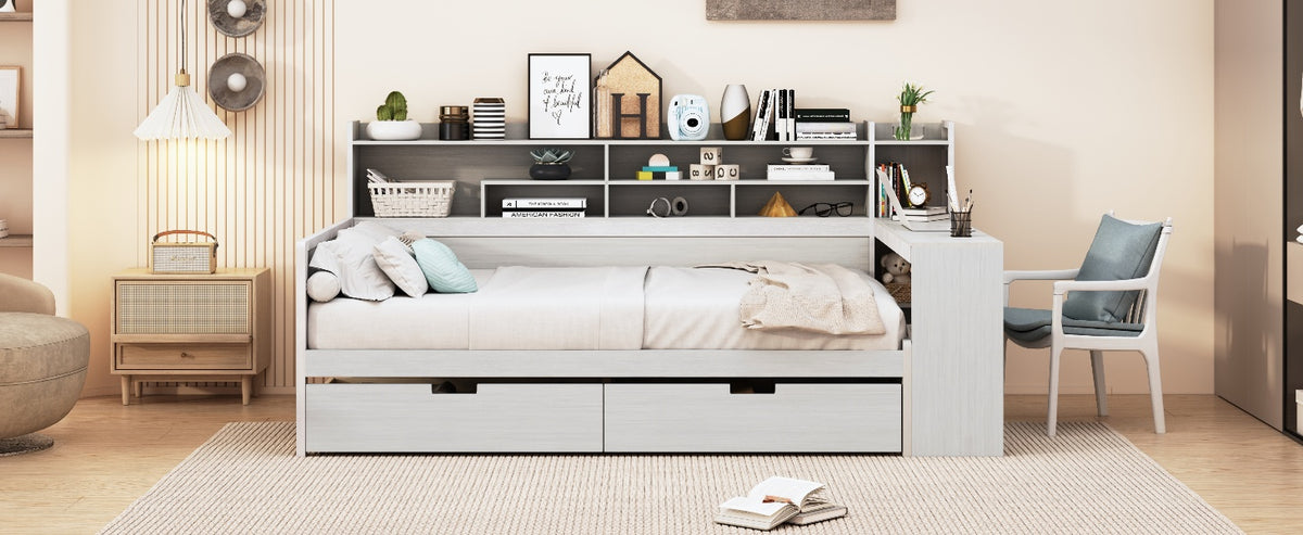 Wooden Full Size Daybed With Storage Shelves, Multi Functional Bed With Two Storage Drawers And Study Desk, Antique White Old Sku: Hl000089Aak Full Antique White Wood