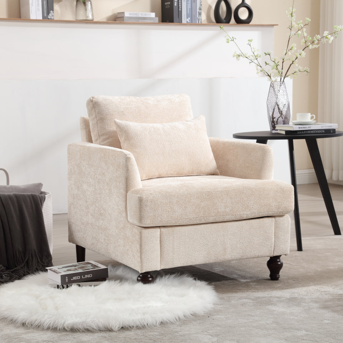 Coolmore Wood Frame Armchair, Modern Accent Chair Lounge Chair For Living Room,Tufted Club Chair, Mid Century Modern Arm Chairs With Studded, Solid Wood Frame, For Bedroom, Reading Beige Chenille Beige Chenille 1 Seat