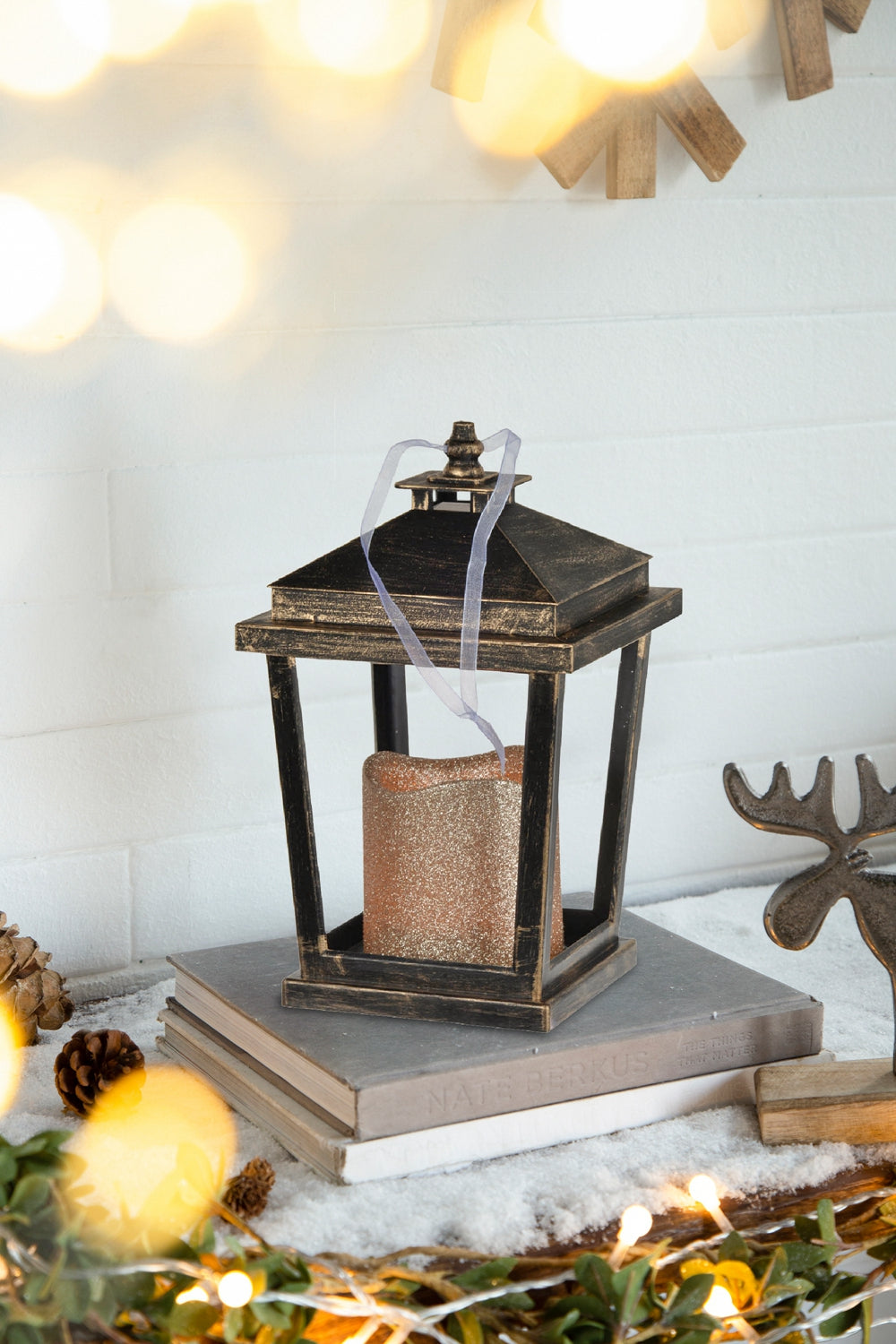 Set Of 2 Menifee Lantern With Led Candle, Short 5X5X8.5" Bronze Antique,Contemporary,Modern Plastic