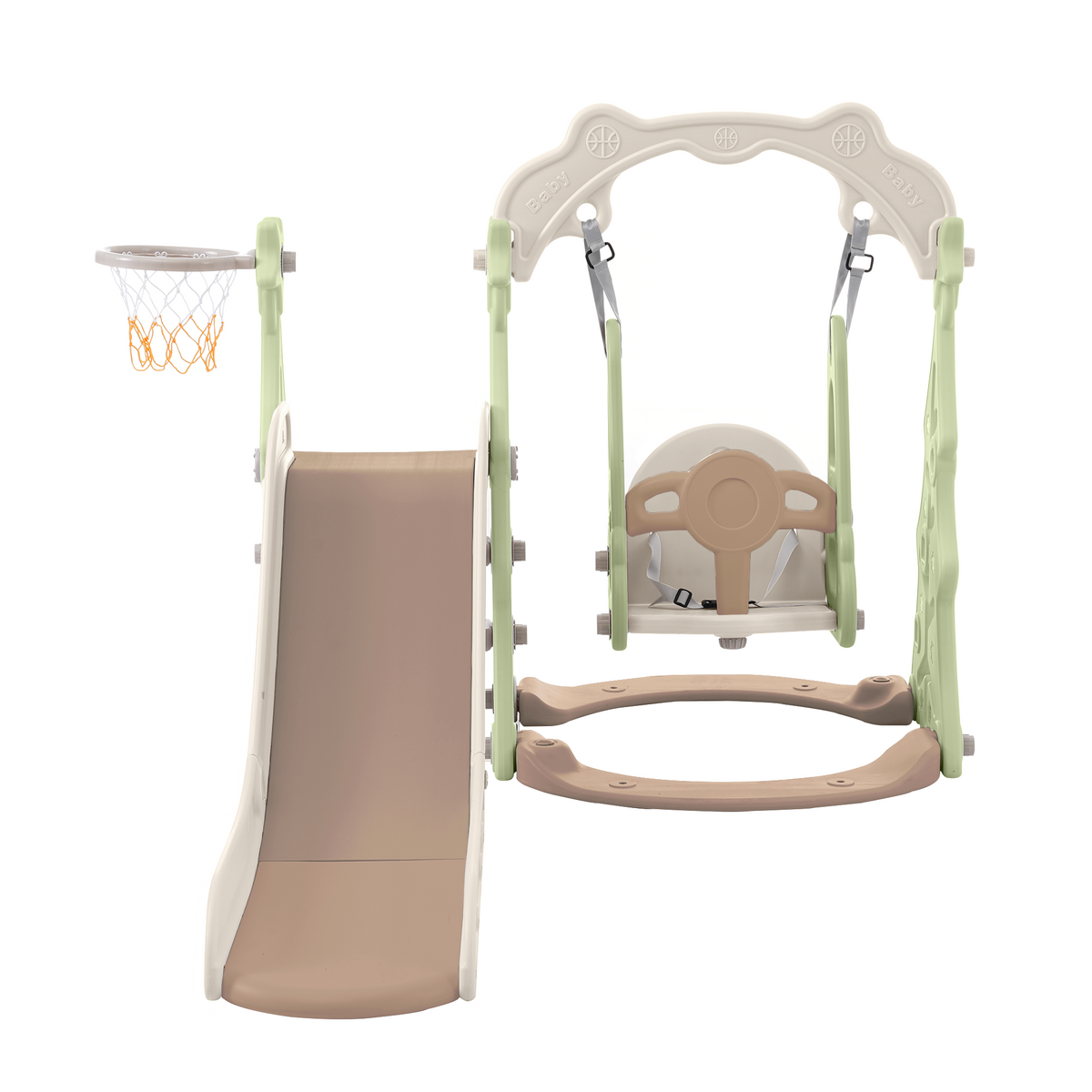 Toddler Slide And Swing Set 3 In 1, Kids Playground Climber Swing Playset With Basketball Hoops Freestanding Combination Indoor & Outdoor Green Hdpe