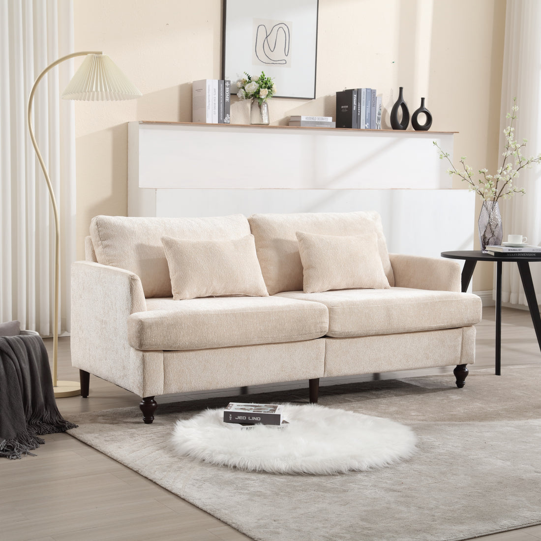 Coolmore Mid Century Modern Chenille Fabric Loveseat Sofa, 2 Seat Upholstered Loveseat Sofa Modern Couch For Living Room,Brown Wood Feet Sofa For Bedroom, Reading Beige Chenille Beige Chenille 2 Seat