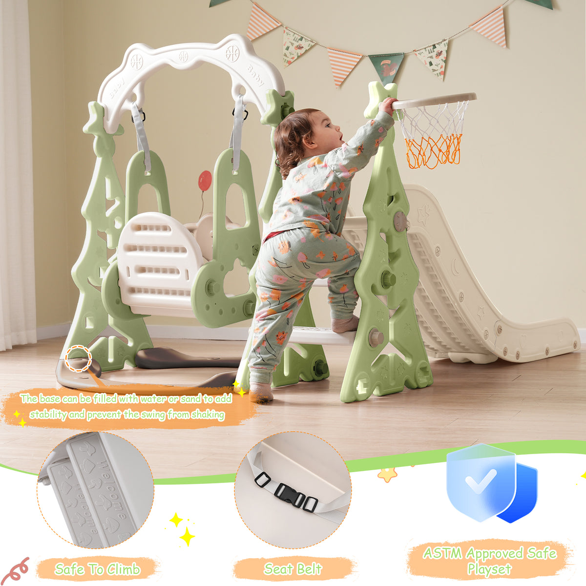 Toddler Slide And Swing Set 3 In 1, Kids Playground Climber Swing Playset With Basketball Hoops Freestanding Combination Indoor & Outdoor Green Hdpe