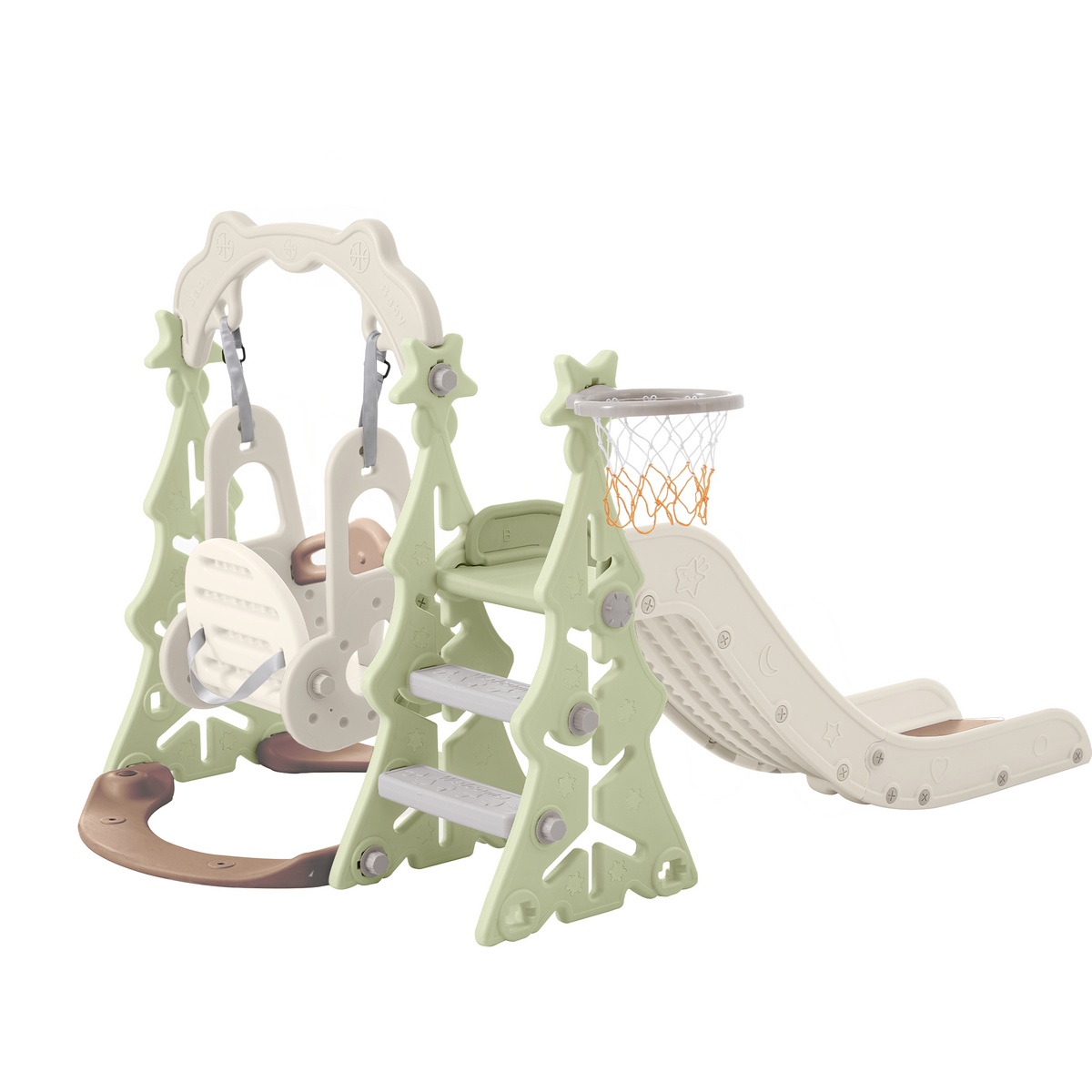 Toddler Slide And Swing Set 3 In 1, Kids Playground Climber Swing Playset With Basketball Hoops Freestanding Combination Indoor & Outdoor Green Hdpe