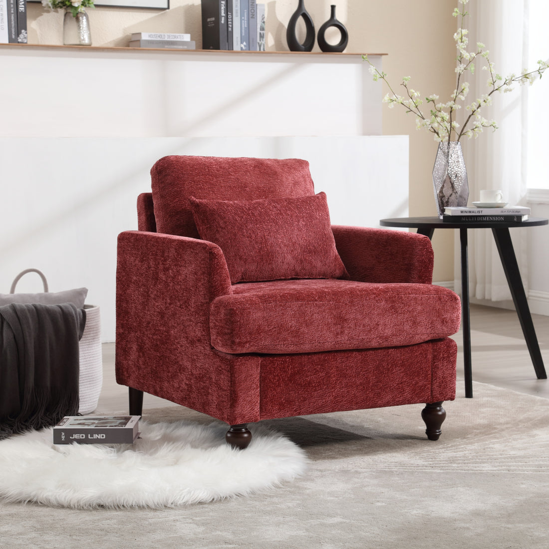 Coolmore Wood Frame Armchair, Modern Accent Chair Lounge Chair For Living Room,Tufted Club Chair, Mid Century Modern Arm Chairs With Studded, Solid Wood Frame, For Bedroom, Reading Wine Red Chenille Wine Red Chenille 1 Seat