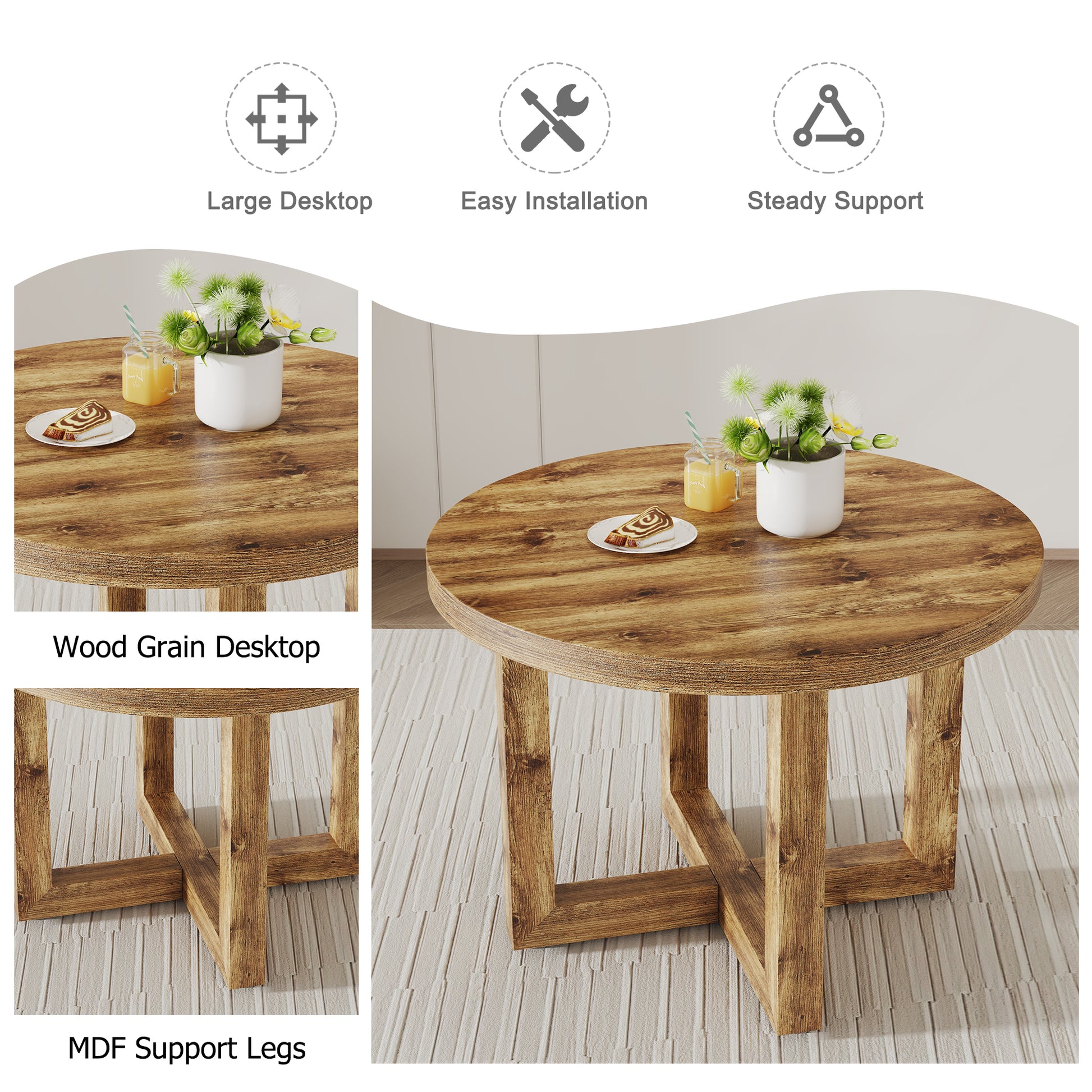 A Modern And Practical Circular Dining Table. Made Of Mdf Tabletop And Wooden Mdf Table Legs. 6 Piece Technology Cloth High Backrest Cushion Side Chair, C Shaped Tube Black Metal Legs. Ct 403C 1162 Brown Mdf