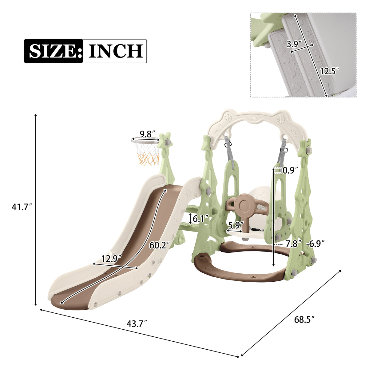 Toddler Slide And Swing Set 3 In 1, Kids Playground Climber Swing Playset With Basketball Hoops Freestanding Combination Indoor & Outdoor Green Hdpe