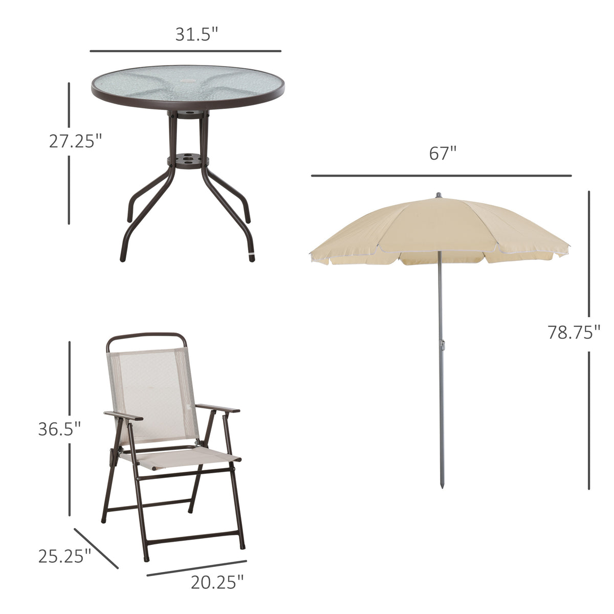 Outsunny 6 Piece Patio Dining Set For 4 With Umbrella, Outdoor Table And Chairs With 4 Folding Dining Chairs & Round Glass Table For Garden, Backyard And Poolside, Beige Beige Steel