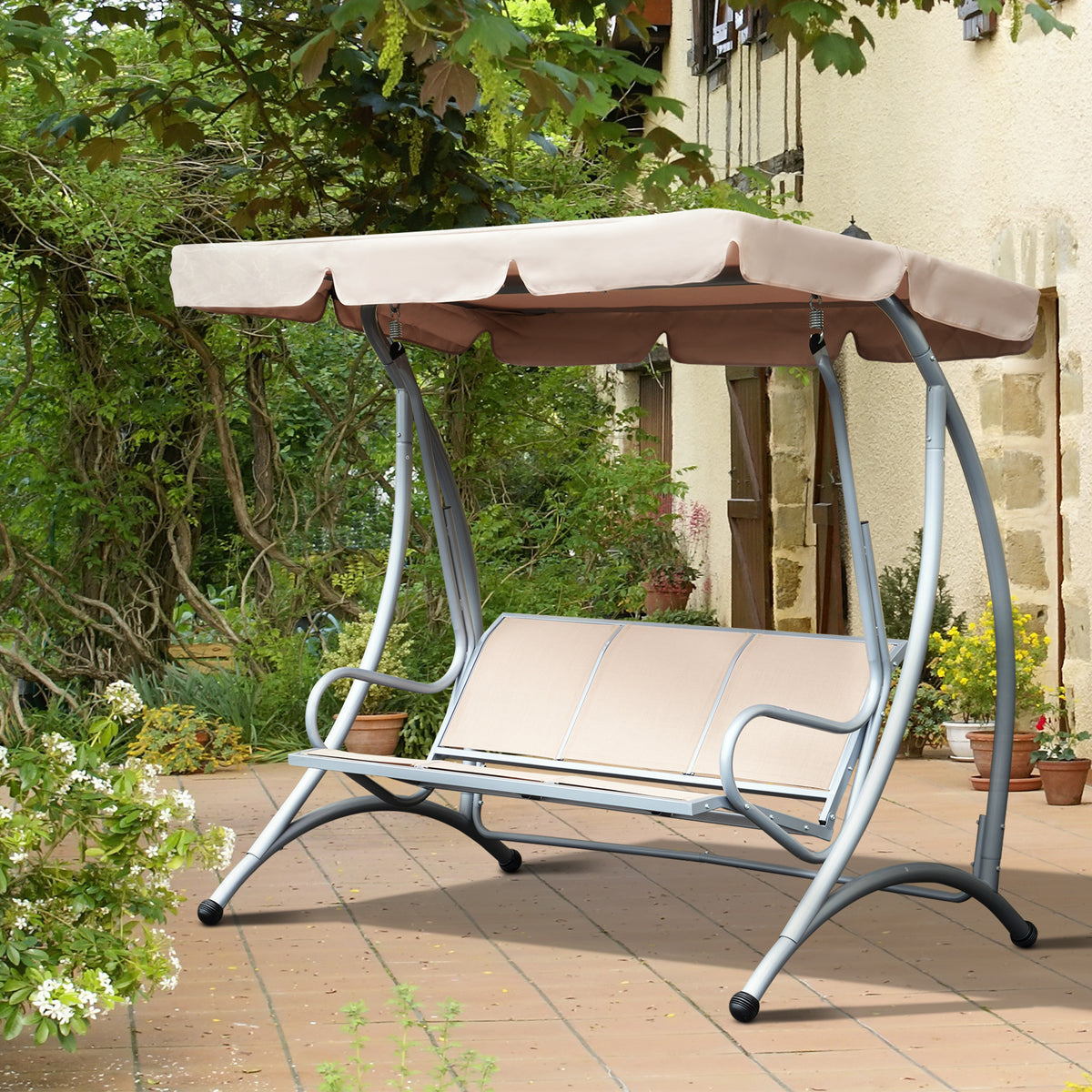 Outsunny 3 Seat Outdoor Porch Swing Chair, Patio Swing Glider With Adjustable Canopy,Seat, And Steel Frame For Garden, Poolside, Backyard, Beige Beige Steel