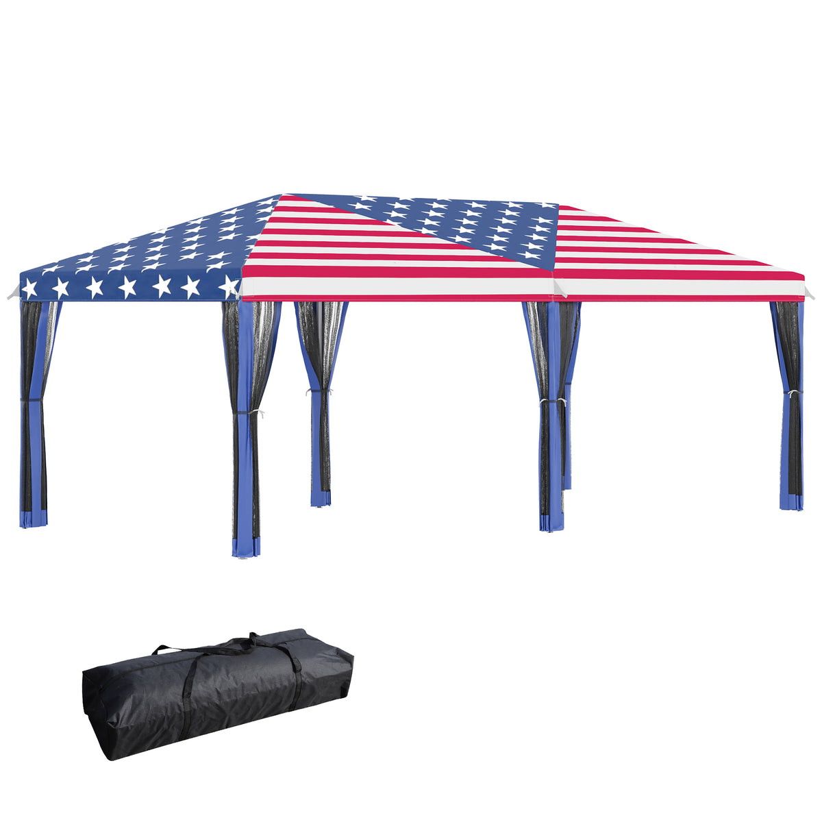 Outsunny 10' X 20' Pop Up Canopy Tent With Netting, Heavy Duty Instant Sun Shelter, Large Tents For Parties With Carry Bag For Outdoor, Garden, Patio, American Flag Blue Steel