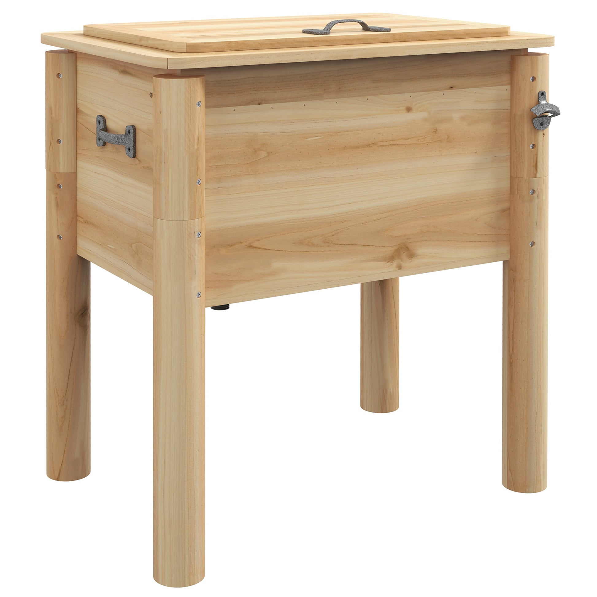 Outsunny Wooden Patio Cooler, 54Qt. Outdoor Beverage Cooler With Bottle Opener And 3 Handles For Backyard Deck Poolside Party, Natural Natural Steel
