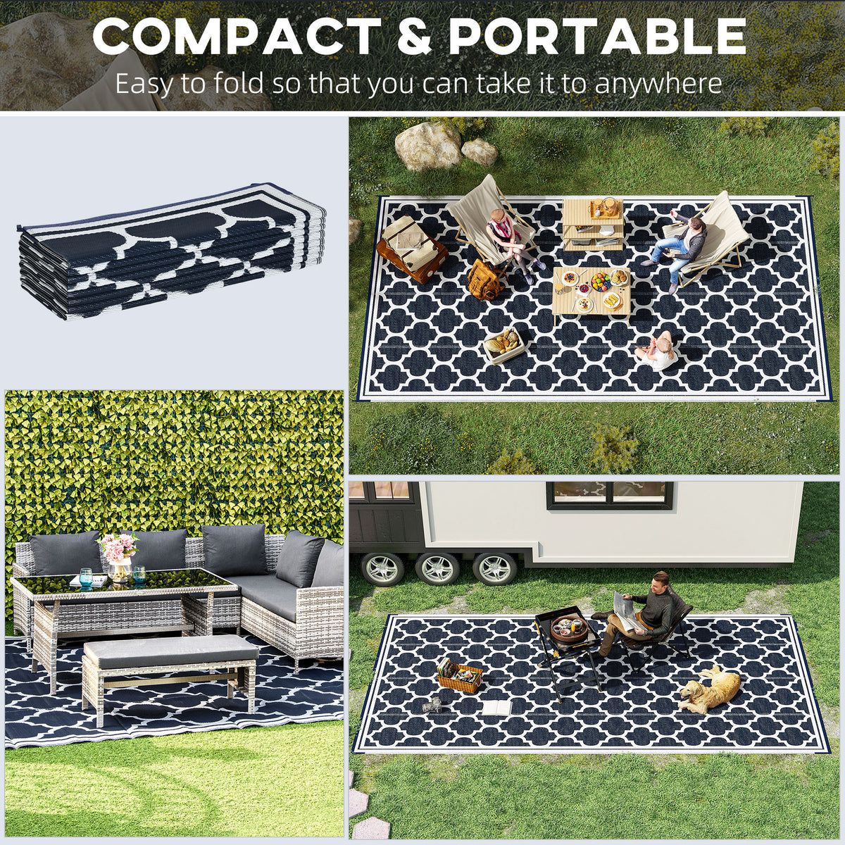 Outsunny Reversible Outdoor Rug Carpet, 9' X 18' Waterproof Plastic Straw Rug, Portable Rv Camping Rugs With Carry Bag, Large Floor Mat For Backyard, Deck, Picnic, Beach, Blue & White Blue Polypropylene