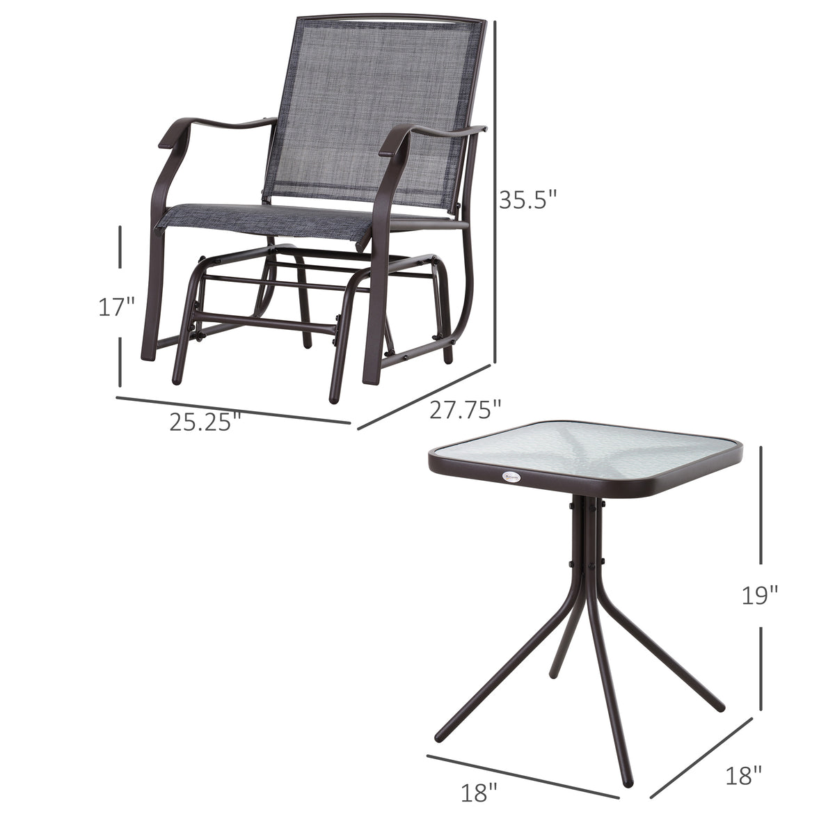 Outsunny 3 Piece Outdoor Glider Chair With Coffee Table Bistro Set, 2 Patio Rocking Swing Chairs Withsling Fabric, Glass Tabletop, For Backyard, Garden And Porch, Gray Gray Steel