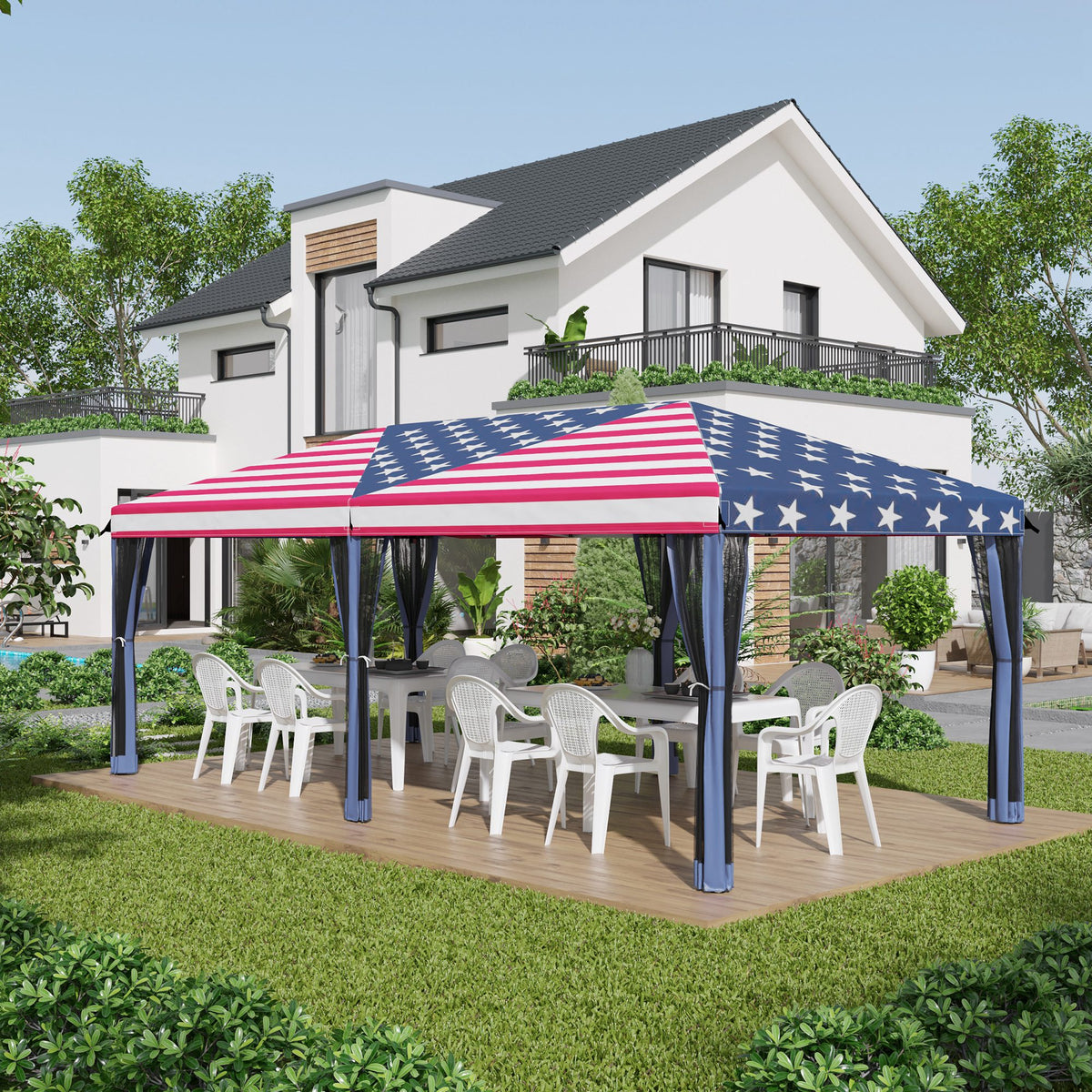 Outsunny 10' X 20' Pop Up Canopy Tent With Netting, Heavy Duty Instant Sun Shelter, Large Tents For Parties With Carry Bag For Outdoor, Garden, Patio, American Flag Blue Steel