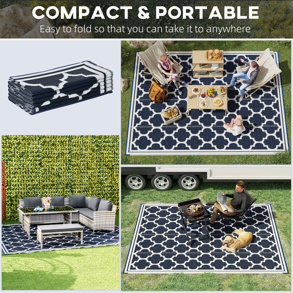 Outsunny Reversible Outdoor Rug Carpet, 9' X 18' Waterproof Plastic Straw Rug, Portable Rv Camping Rugs With Carry Bag, Large Floor Mat For Backyard, Deck, Picnic, Beach, Blue & White Blue Polypropylene