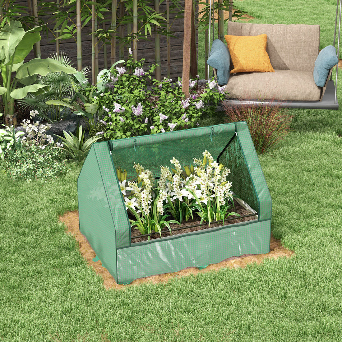 Outsunny Raised Garden Bed With Mini Greenhouse, Galvanized Outdoor Planter Box With Cover, For Herbs And Vegetables, Use For Patio, Garden, Balcony, Green Cover And Silver Planter Green Steel