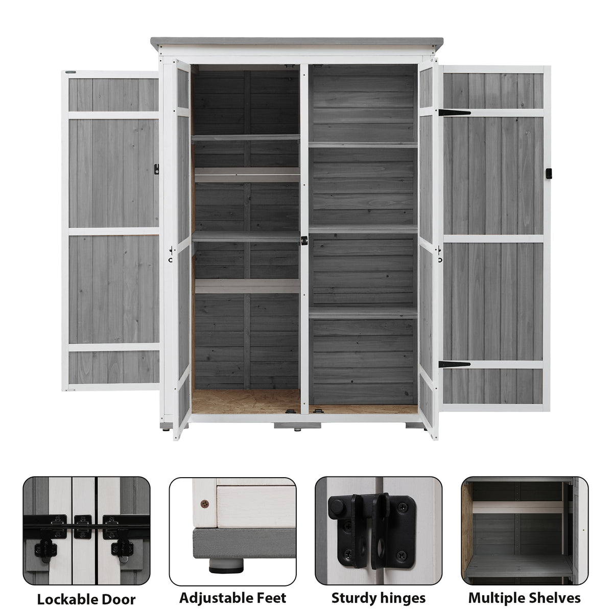Outdoor 5.5Ft Hx4.1Ft L Wood Storage Shed, Garden Tool Cabinet With Waterproof Asphalt Roof, Four Lockable Doors, Multiple Tier Shelves, White And Gray White Gray Water Resistant Frame Garden &