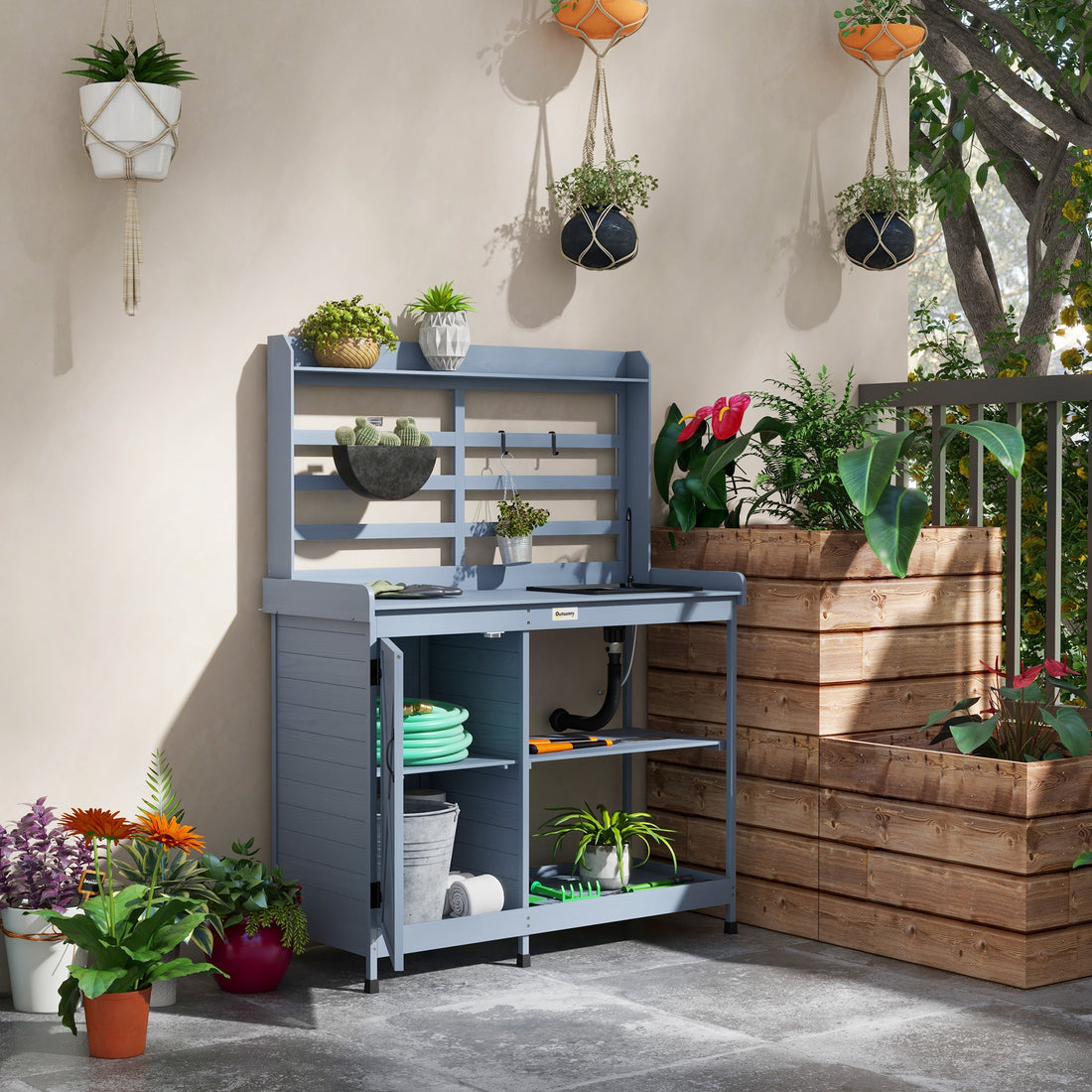Outsunny Wooden Potting Bench, Outdoor Potting Table With Storage Cabinet, Storage Shelves, Sink, Water Tap, Wood Table Top For Backyard, Patio, Balcony, Gray Gray Wood