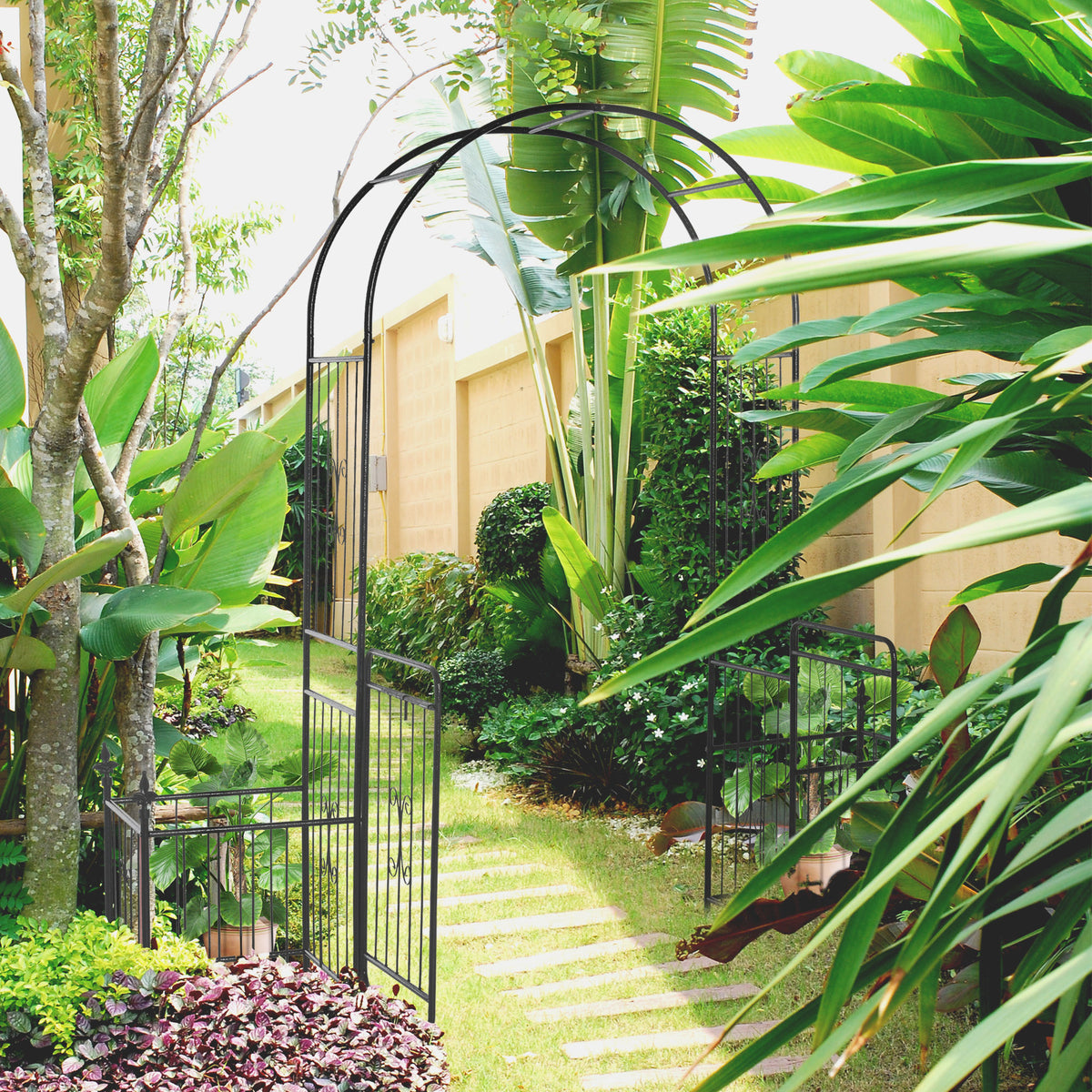Outsunny 86" Garden Arbor Arch Gate With Trellis Sides For Climbing Plants, Wedding Ceremony Decorations, Grape Vines With Locking Doors, Planter Baskets, Flourishes & Arrow Tips, Black Black Metal
