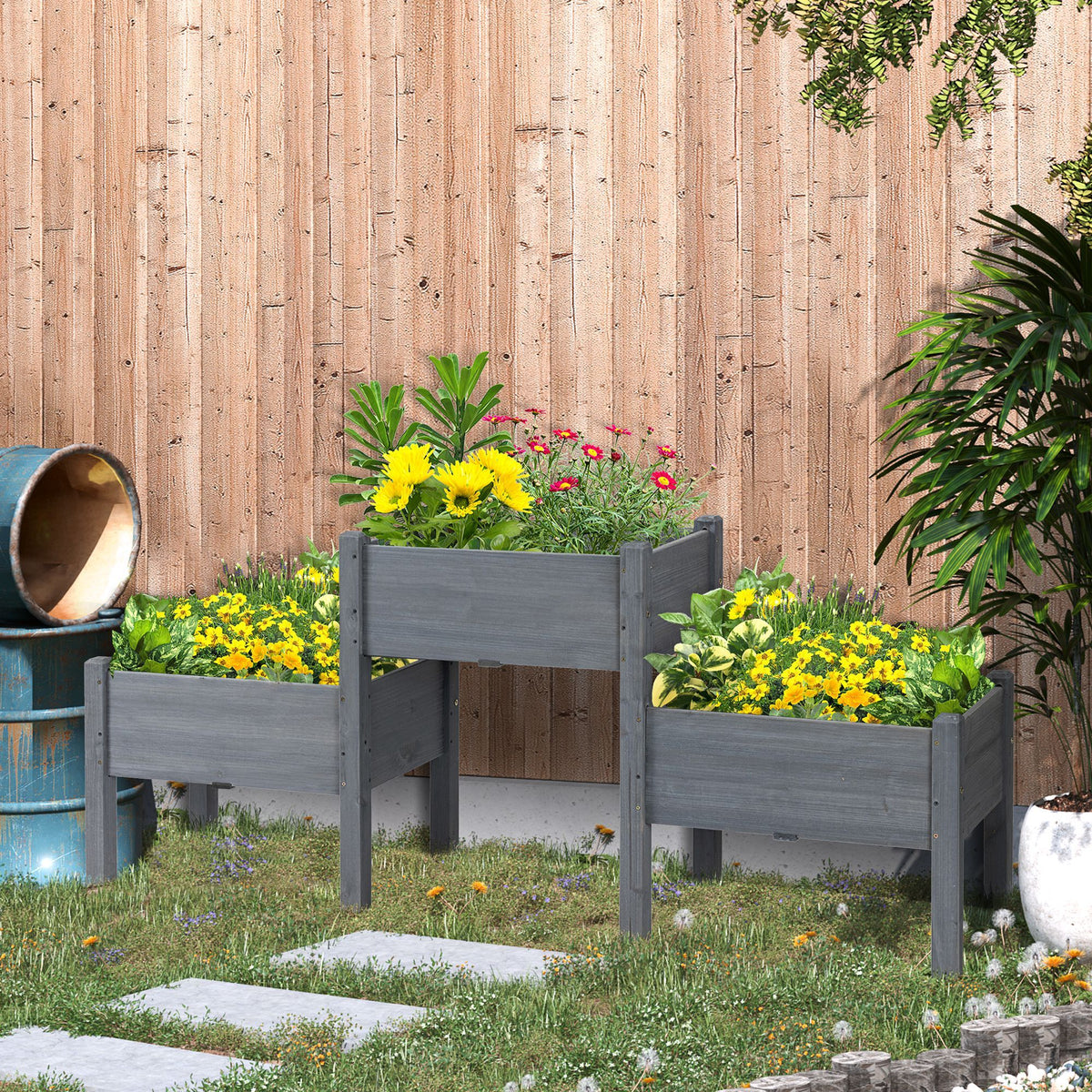 Outsunny Raised Garden Bed With 3 Planter Box, Elevated Wooden Plant Stand With Drainage Holes, For Vegetables, Herb And Flowers, Gray Gray Wood