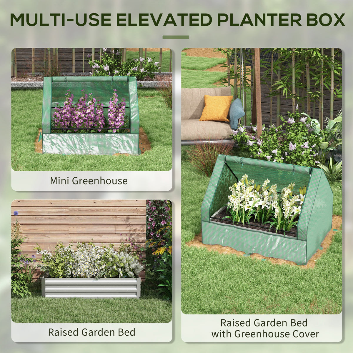 Outsunny Raised Garden Bed With Mini Greenhouse, Galvanized Outdoor Planter Box With Cover, For Herbs And Vegetables, Use For Patio, Garden, Balcony, Green Cover And Silver Planter Green Steel