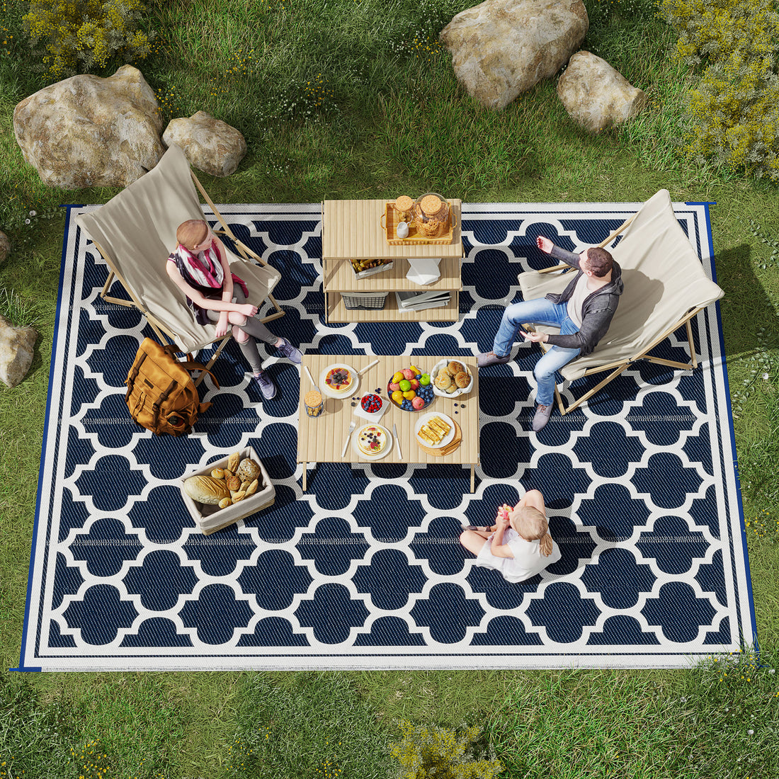 Outsunny Reversible Outdoor Rug Carpet, 9' X 18' Waterproof Plastic Straw Rug, Portable Rv Camping Rugs With Carry Bag, Large Floor Mat For Backyard, Deck, Picnic, Beach, Blue & White Blue Polypropylene