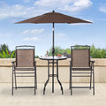 Outsunny 4 Piece Outdoor Patio Dining Furniture Set, 2 Folding Chairs, Adjustable Angle Umbrella, Wave Textured Tempered Glass Dinner Table, Brown Brown Steel