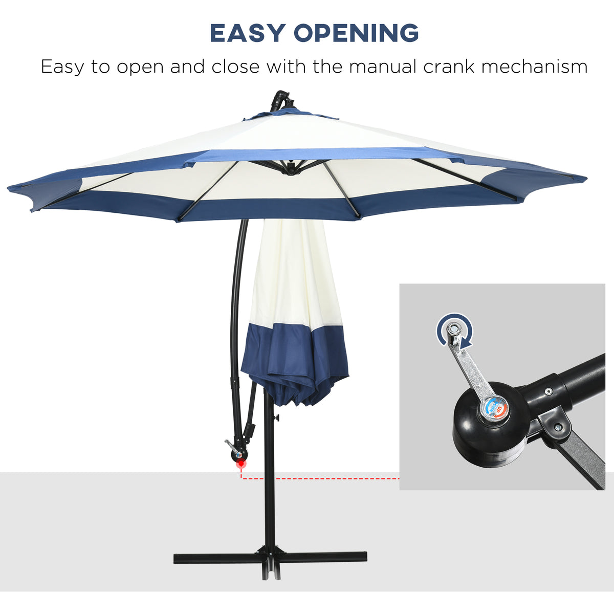 Outsunny 10Ft Cantilever Umbrella, Offset Patio Umbrella With Crank And Cross Base For Deck, Backyard, Pool And Garden, Hanging Umbrellas, Navy Blue Blue Steel