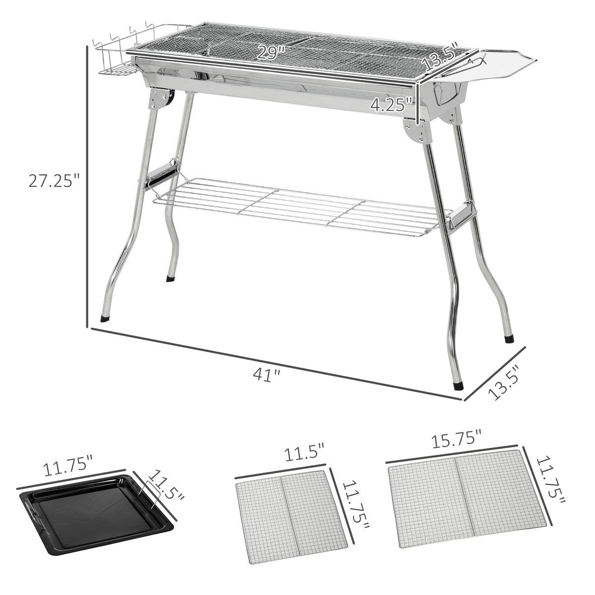 Outsunny Charcoal Grill, Stainless Steel Portable Folding Bbq, Outdoor Hibachi For Backyard Cooking, Camping, Picnic, Party, Tailgating And Travel With Pan, Grill Rack, Shelves, And Hooks Silver Stainless Steel