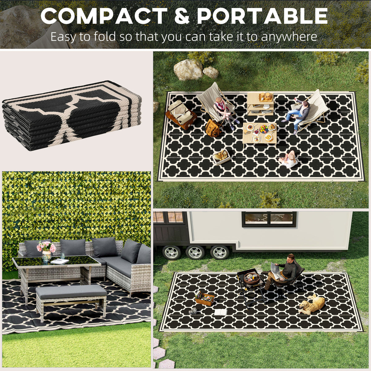 Outsunny Reversible Outdoor Rug, 9' X 18' Waterproof Plastic Straw Floor Mat, Portable Rv Camping Carpet, Large Floor Mat For Backyard, Deck, Picnic, Beach, Black & Beige Black Plastic