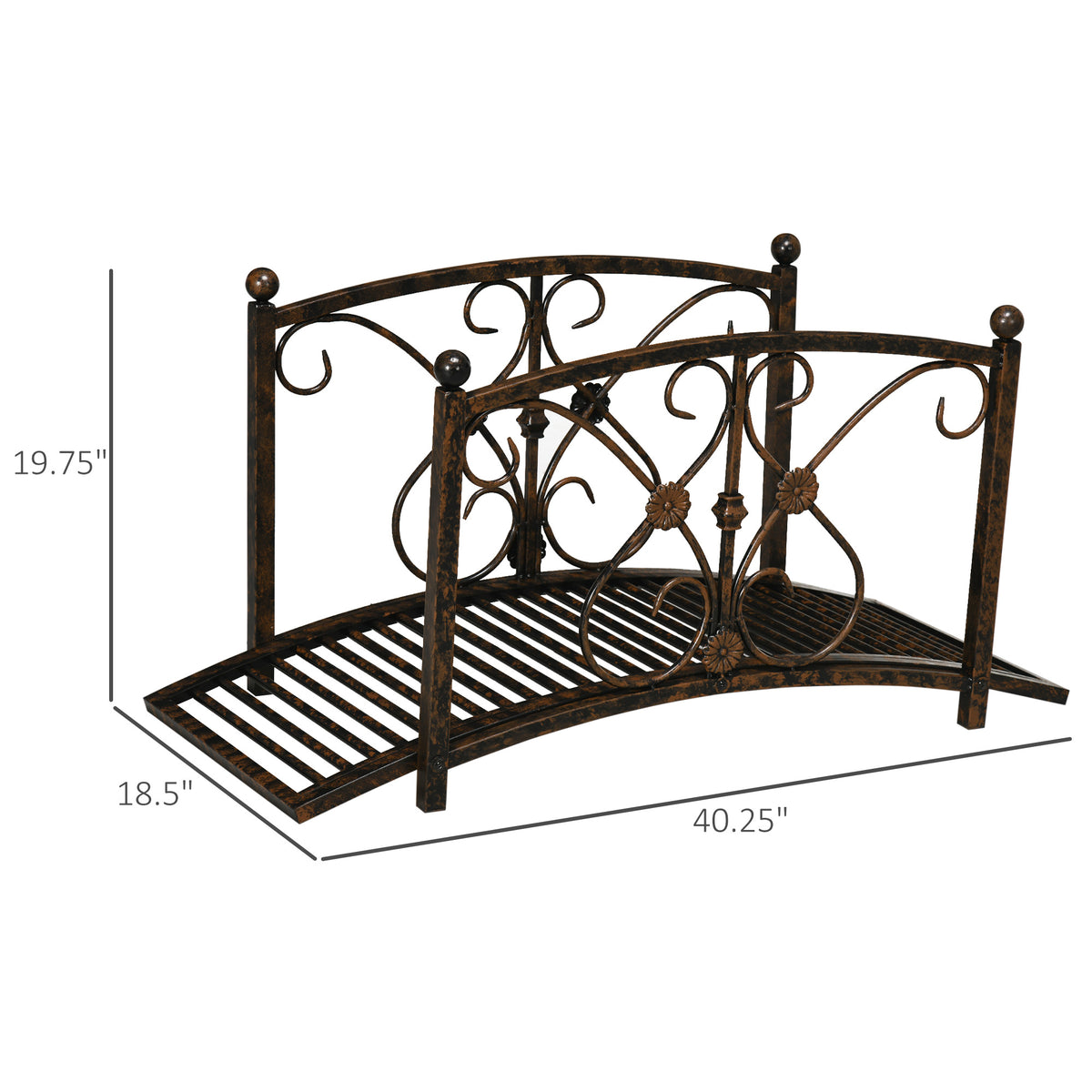 Outsunny 3.3Ft Metal Arch Zen Garden Bridge With Safety Siderails, Decorative Footbridge, Delicate Floral Scrollwork For Stream, Fish Pond, Brown Brown Metal