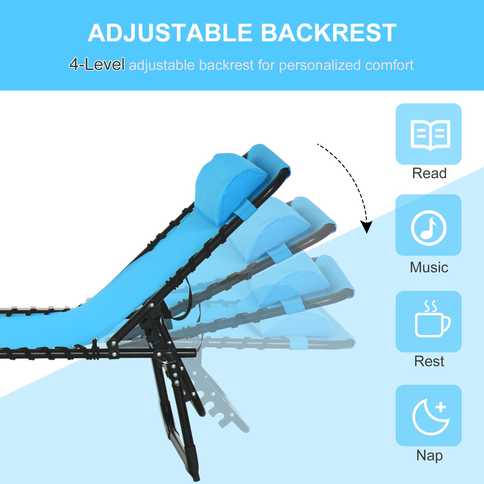 Outsunny Folding Chaise Lounge Pool Chair, Patio Sun Tanning Chair, Outdoor Lounge Chair W 4 Position Reclining Back, Pillow,Mesh & Bungee Seat For Beach, Yard, Patio, Blue Blue Steel