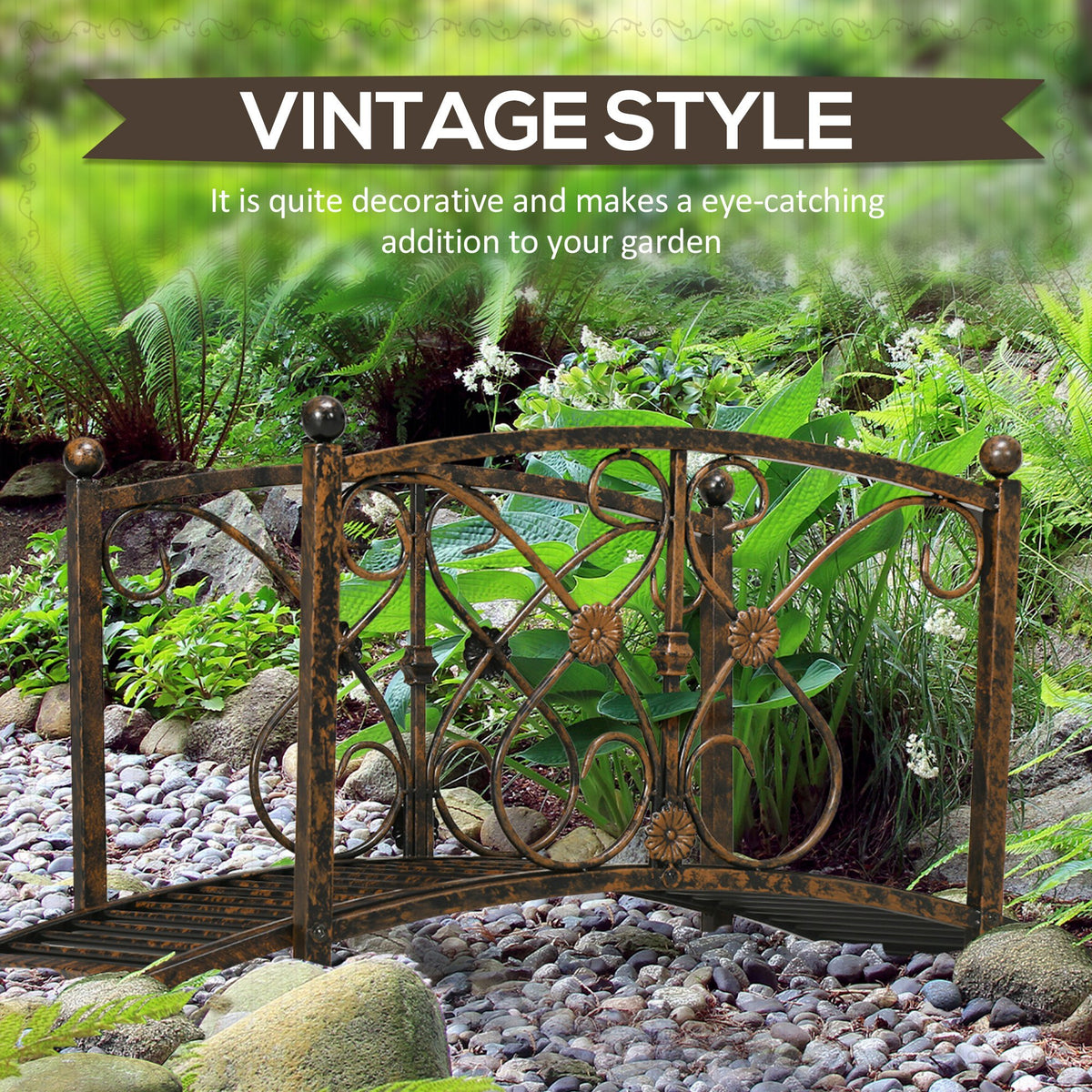 Outsunny 3.3Ft Metal Arch Zen Garden Bridge With Safety Siderails, Decorative Footbridge, Delicate Floral Scrollwork For Stream, Fish Pond, Brown Brown Metal