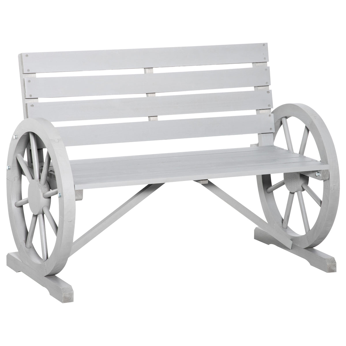 Outsunny 41" Wooden Wagon Wheel Bench, Rustic Outdoor Patio Weather Resistance Furniture, 2 Person Slatted Seat Bench With Backrest, Light Gray Gray Wood