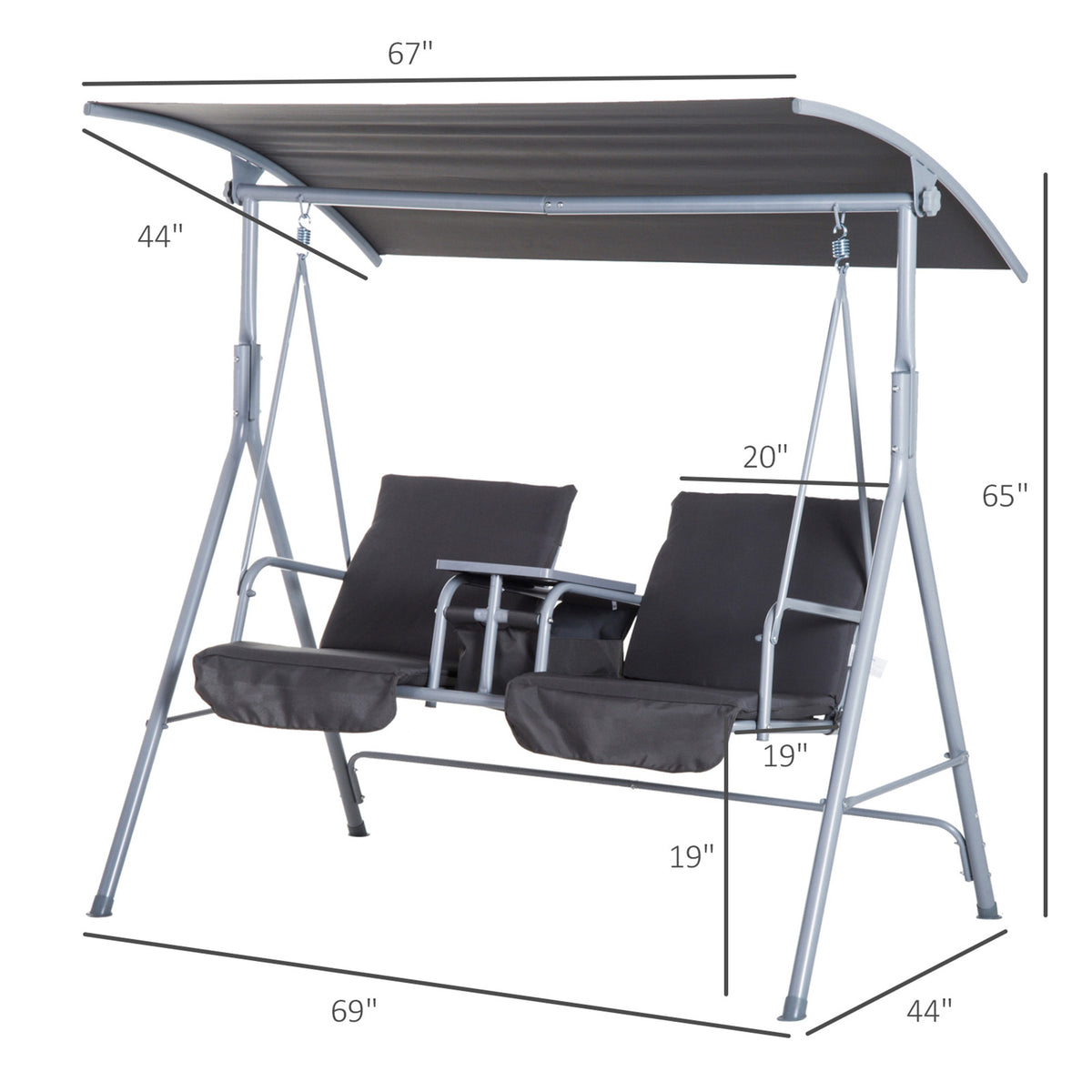 Outsunny 2 Person Porch Swing With Stand, Outdoor Swing With Canopy, Pivot Storage Table, 2 Cup Holders, Cushions For Patio, Backyard, Gray Beige Steel