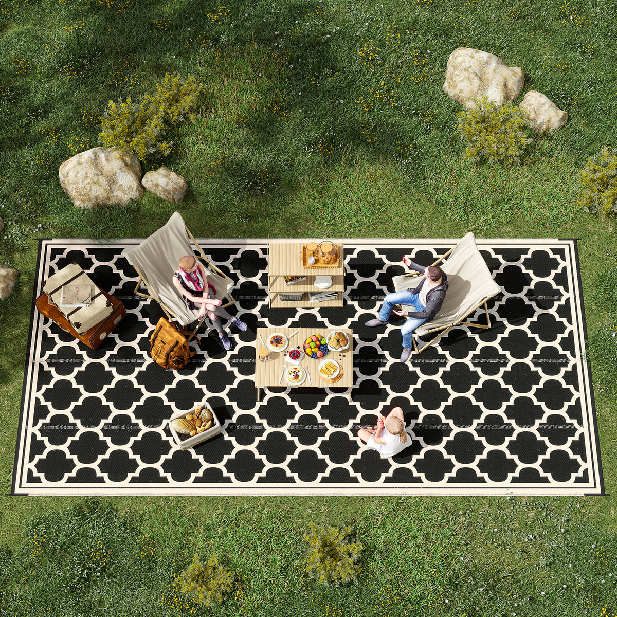 Outsunny Reversible Outdoor Rug, 9' X 18' Waterproof Plastic Straw Floor Mat, Portable Rv Camping Carpet, Large Floor Mat For Backyard, Deck, Picnic, Beach, Black & Beige Black Plastic