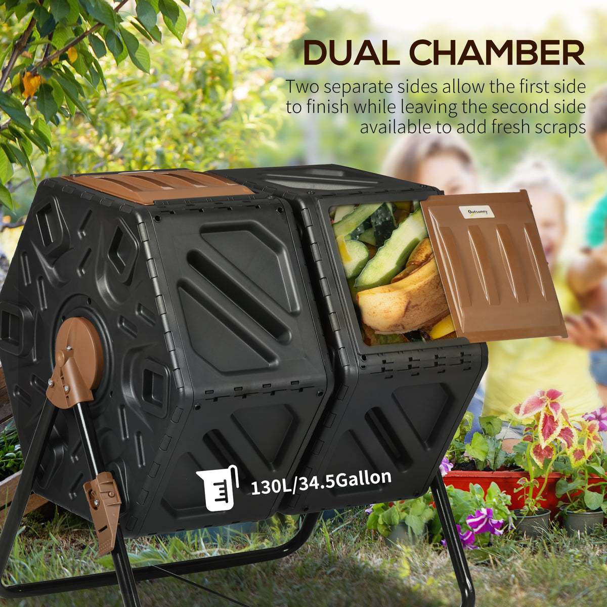 Outsunny Dual Compost Tumbler Bin, Outdoor Tumbling Composter With 24 Ventilation Openings And Steel Legs, 34.5 Gallon Black Steel