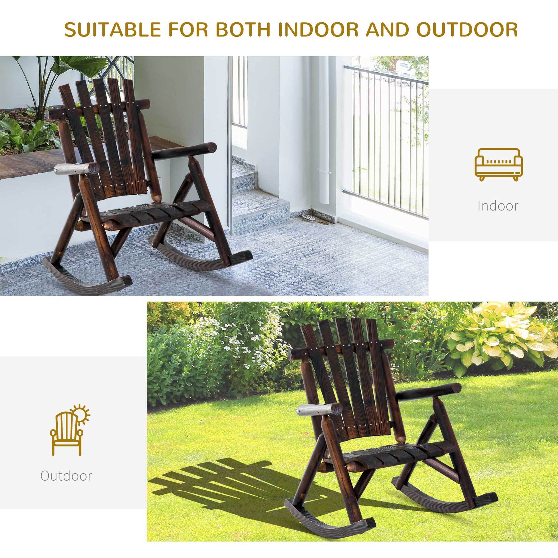 Outsunny Outdoor Wooden Rocking Chair, Rustic Adirondack Rocker With Slatted Seat, High Backrest, Armrests For Patio, Garden, And Porch, Large, Brown Brown Wood