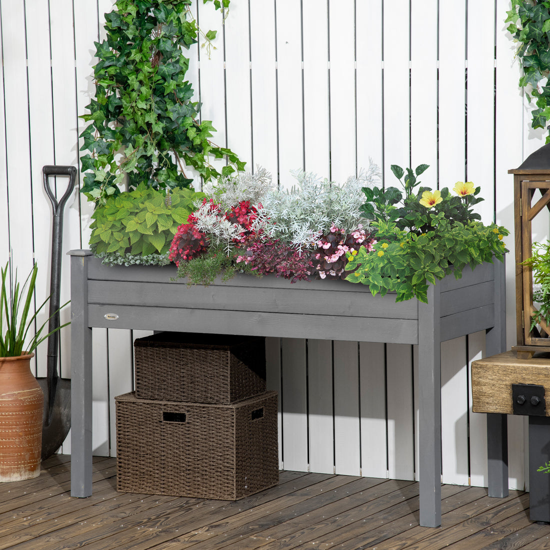 Outsunny Raised Garden Bed With Legs, 48" X 22" X 30", Elevated Wooden Planter Box, Self Draining With Bed Liner For Vegetables, Herbs, And Flowers Backyard, Patio, Balcony Use, Dark Gray Gray Wood