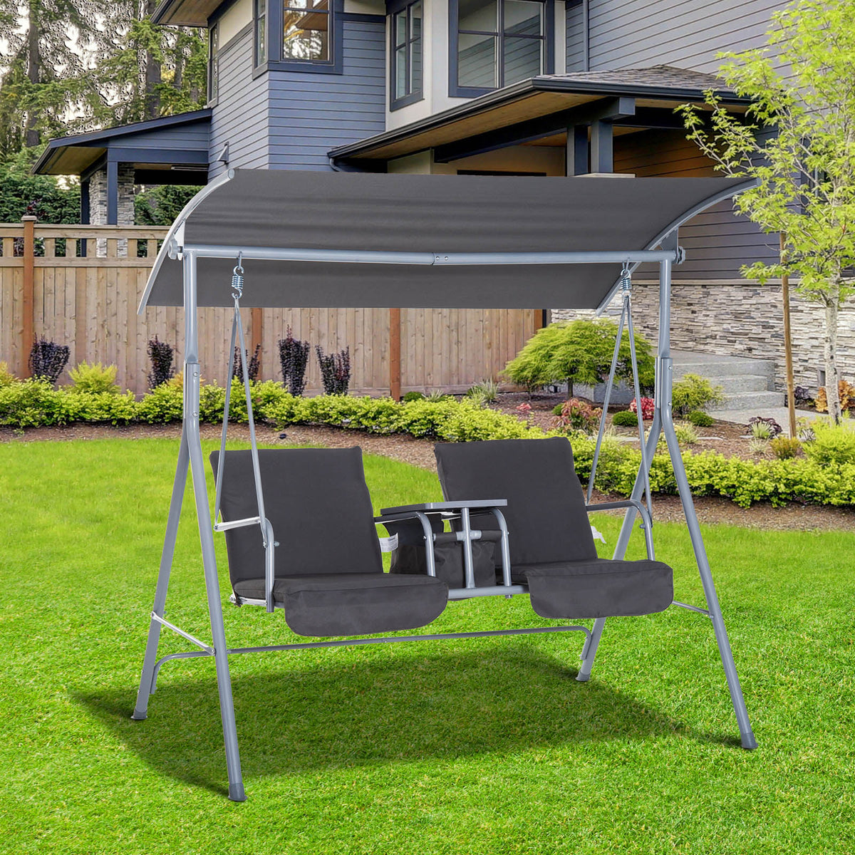 Outsunny 2 Person Porch Swing With Stand, Outdoor Swing With Canopy, Pivot Storage Table, 2 Cup Holders, Cushions For Patio, Backyard, Gray Beige Steel