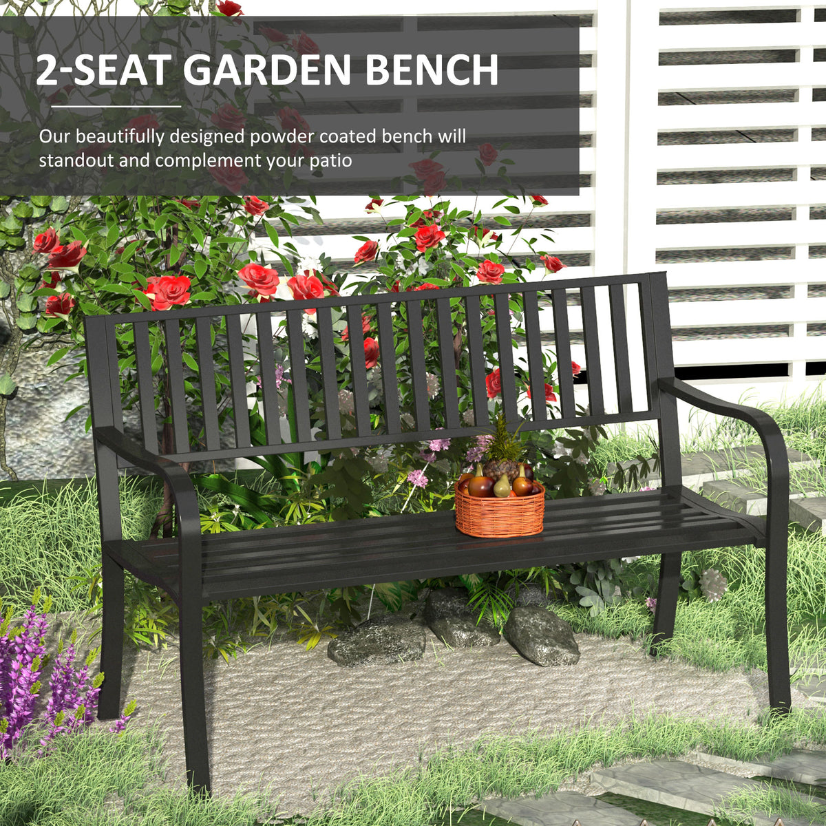 Outsunny 50" Outdoor Garden Bench, Patio Bench With Slatted Seat, Metal Porch Bench For Backyard, Poolside, Lawn, Black Black Steel