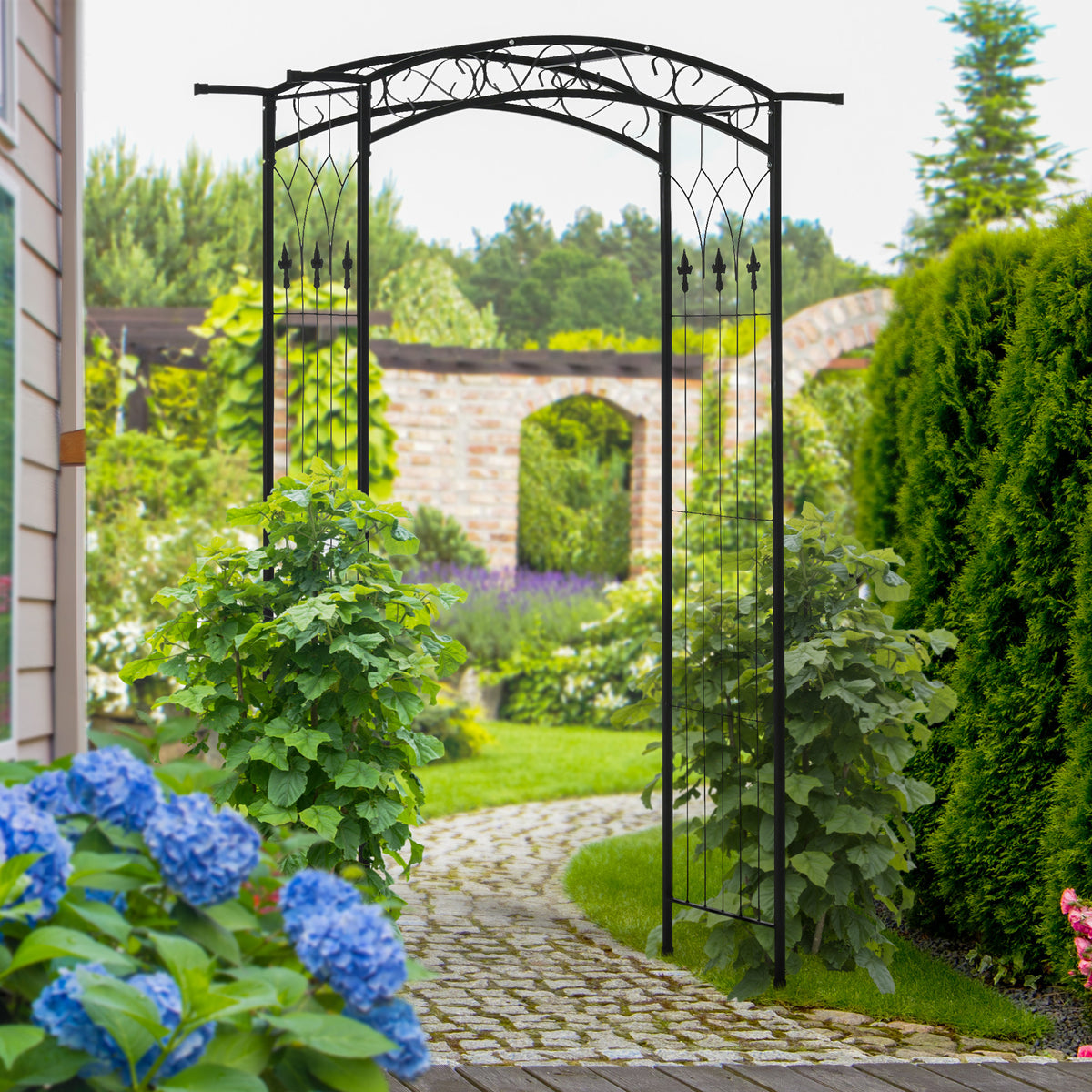 Outsunny 7Ft Outdoor Garden Arbor, Wedding Arch For Ceremony, Trellis With Scrollwork Design, Ideal For Climbing Vines And Plants Black Metal
