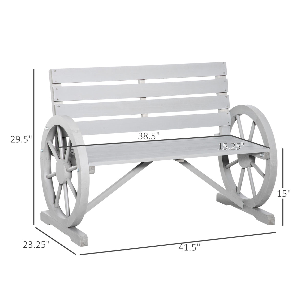 Outsunny 41" Wooden Wagon Wheel Bench, Rustic Outdoor Patio Weather Resistance Furniture, 2 Person Slatted Seat Bench With Backrest, Light Gray Gray Wood