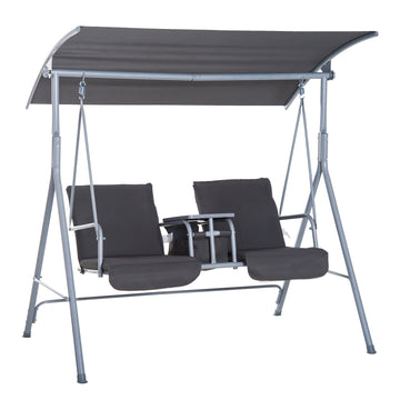 Outsunny 2 Person Porch Swing With Stand, Outdoor Swing With Canopy, Pivot Storage Table, 2 Cup Holders, Cushions For Patio, Backyard, Gray Beige Steel