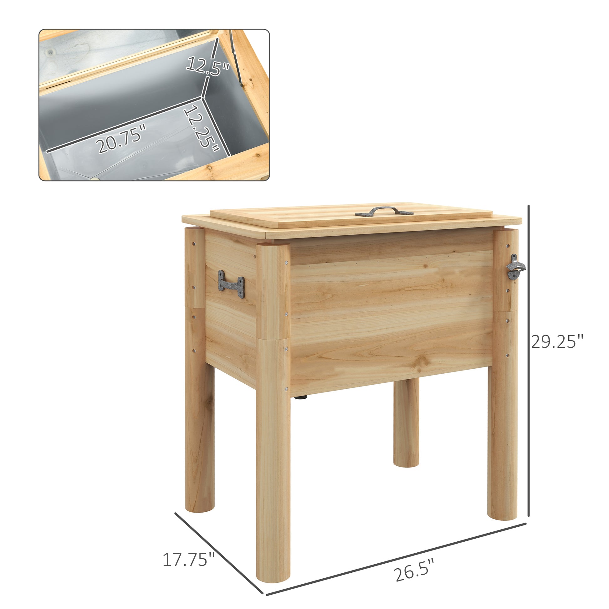 Outsunny Wooden Patio Cooler, 54Qt. Outdoor Beverage Cooler With Bottle Opener And 3 Handles For Backyard Deck Poolside Party, Natural Natural Steel
