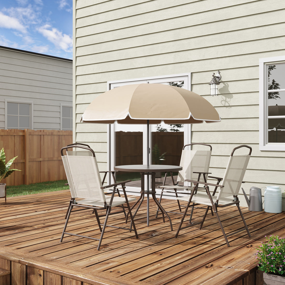 Outsunny 6 Piece Patio Dining Set For 4 With Umbrella, Outdoor Table And Chairs With 4 Folding Dining Chairs & Round Glass Table For Garden, Backyard And Poolside, Beige Beige Steel