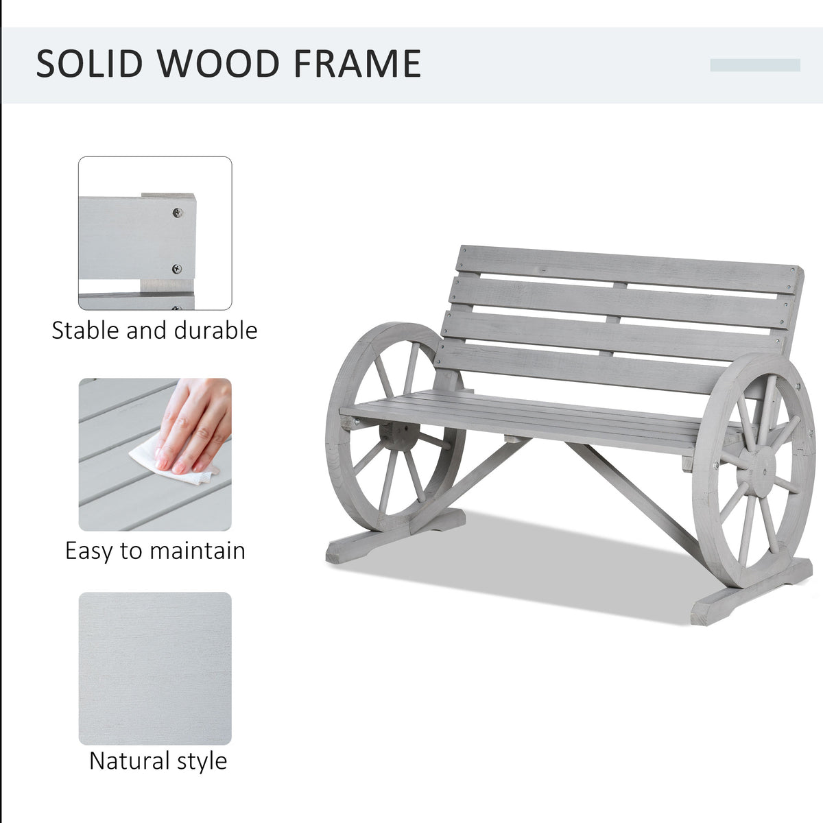Outsunny 41" Wooden Wagon Wheel Bench, Rustic Outdoor Patio Weather Resistance Furniture, 2 Person Slatted Seat Bench With Backrest, Light Gray Gray Wood