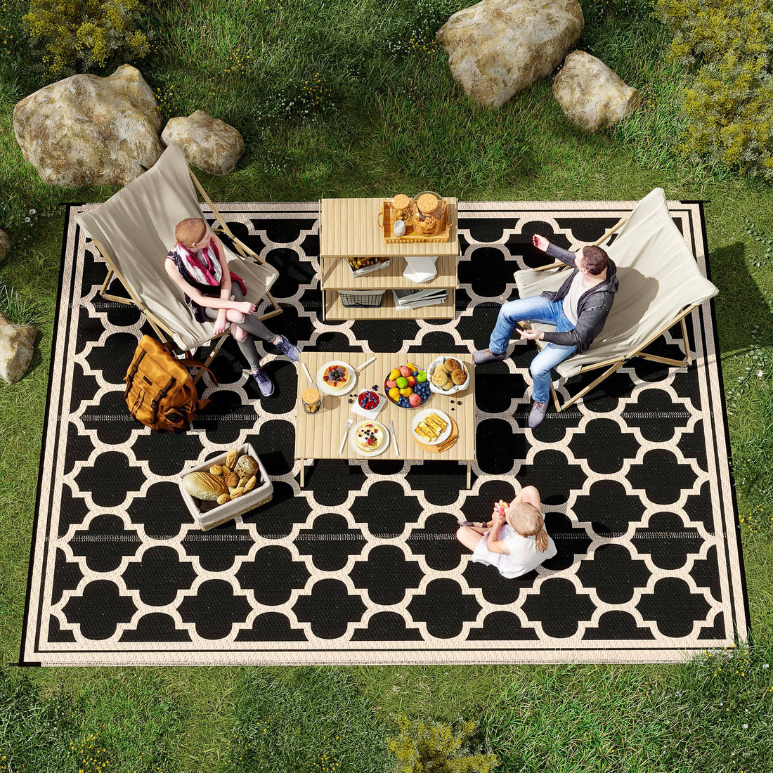 Outsunny Reversible Outdoor Rug Carpet, 9' X 18' Waterproof Plastic Straw Rug, Portable Rv Camping Rugs With Carry Bag, Large Floor Mat For Backyard, Deck, Picnic, Beach, Black & Beige Black Polypropylene