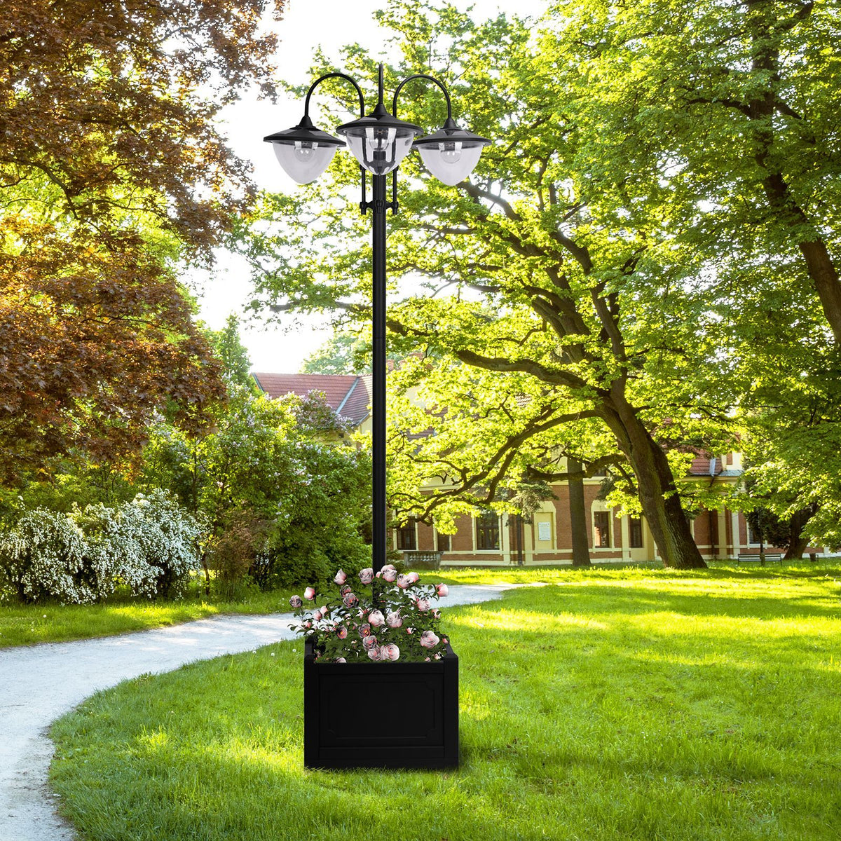 Outsunny 74.5" 3 Head Solar Lamp Post Street Light With Planter, Automatic On, 6 Hour Max Outdoor Ready Led Lighting, Black Black Steel
