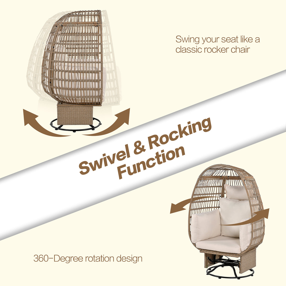 Outdoor Swivel Chair With Cushions, Rattan Egg Patio Chair With Rocking Function For Balcony, Poolside And Garden Natural Wicker Beige Cushion Natural Beige Wicker
