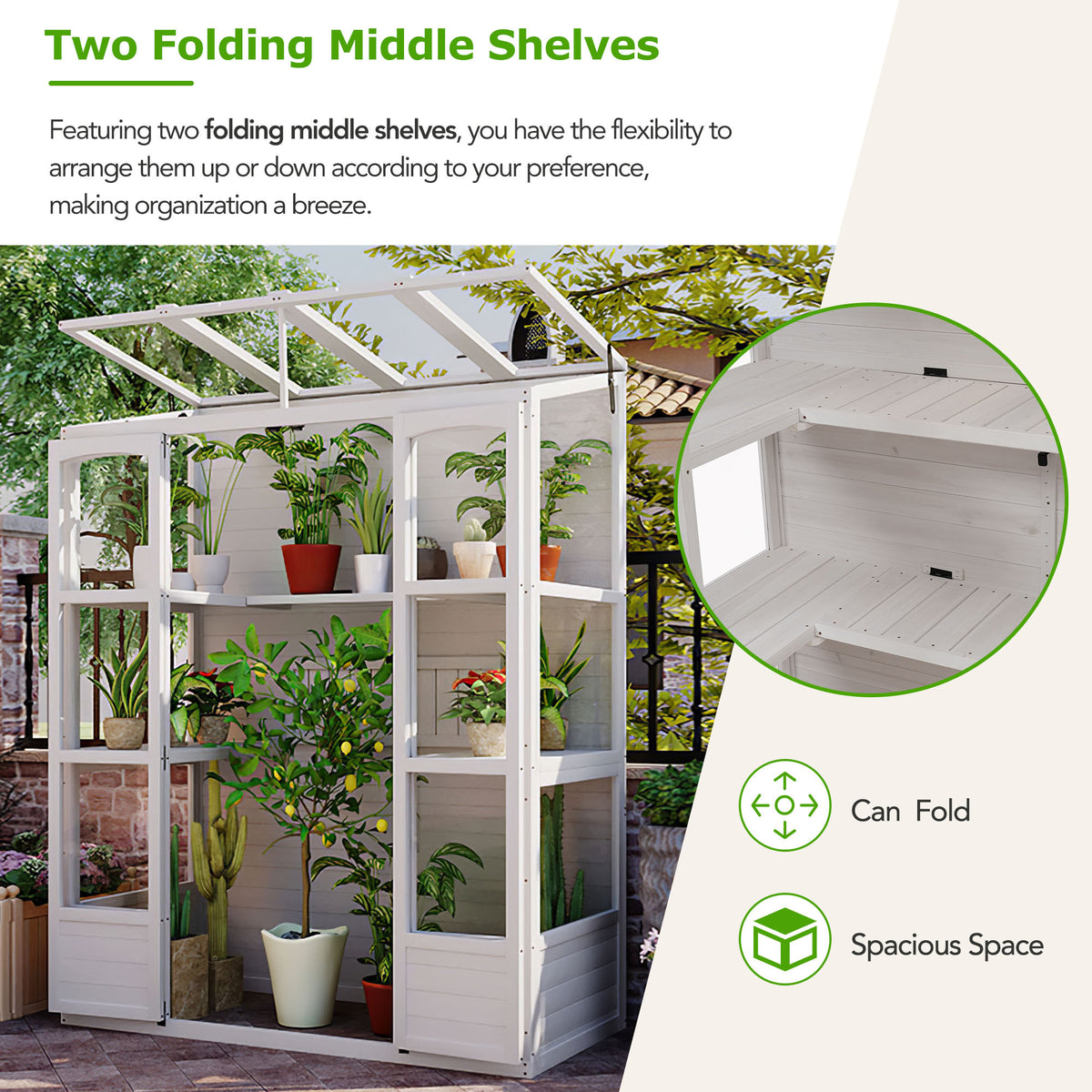 78 Inch Wooden Greenhouse Cold Frame With 4 Independent Skylights And 2 Folding Middle Shelves, Walk In Outdoor Greenhouse, White White Seats 2 Garden & Outdoor Casual Wood